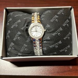 NWT Women’s Bulova Watch Swarovski Crystals & Mother of Pearl Face StainlessStl